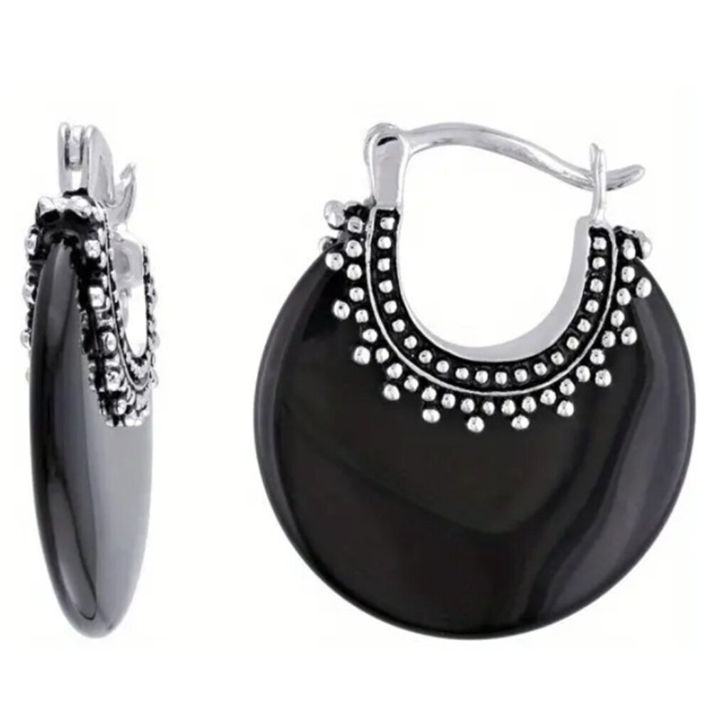 Crescent Hoop Earrings Synthetic Black Onyx Stone & Silver Electro-Plated